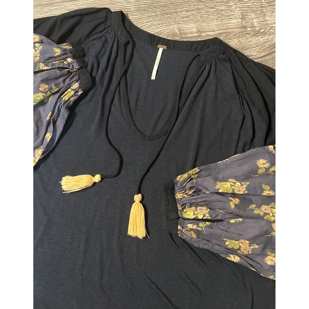 Free People Mix It Up Black Floral Bohemian Oversized Tunic Mini Dress Small